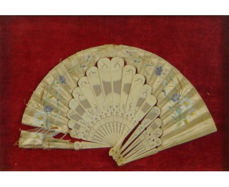 Antique Ivory and Hand Painted Silk Fan. The Stick of extremely well carved Pierced Ivory, The Fan with a Hand Painted Floral