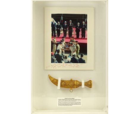 1994 Israel-Jordan Peace Treaty Photograph and Ceremonial Shabria Sword in Heavy Lucite Shadowbox. The photograph is signed b