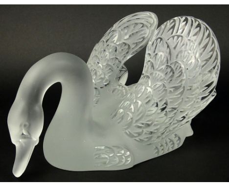 Vintage Lalique France Frosted and Clear Crystal Head Down Swan. Etched Signature to Base. Minor Surface Scratches Otherwise 