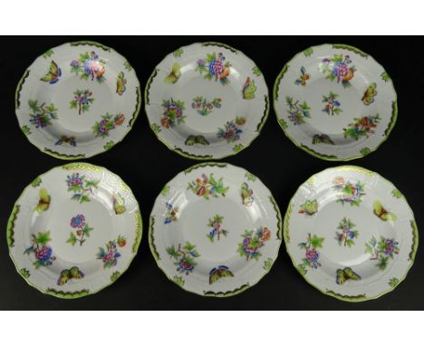 Six (6) Herend Hand Painted Queen Victoria Desert/Pie Plates. Signed With Blue Herend Backstamp, 1520/VBO. Good Condition. Me