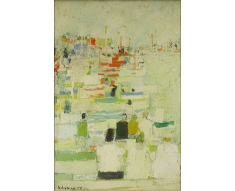 Henri Lachieze-Rey, French (1927-1974) Oil on Canvas "Dockside" Signed and Dated Lachieze-Rey '58. Good Condition. Measures 3