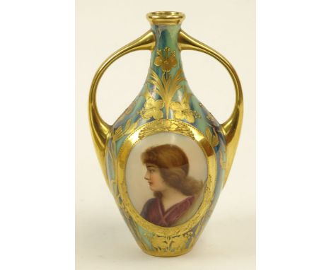 Royal Vienna Double Handled Portrait Vase "Ruth". Signed Wagner. Very Good Condition. Measures 7 Inches Tall and 4-1/4 Inches