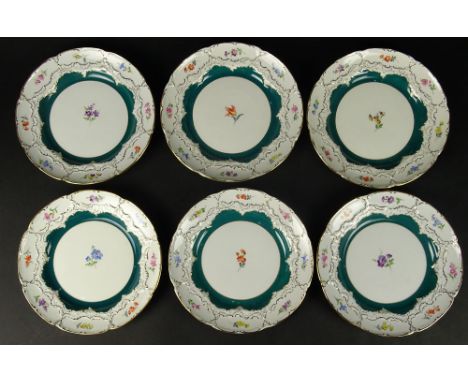 Six (6) Meissen Hand Painted Porcelain Dessert Plates in The Court Flower/014098 Pattern. Each Marked with Blue Crossed Sword