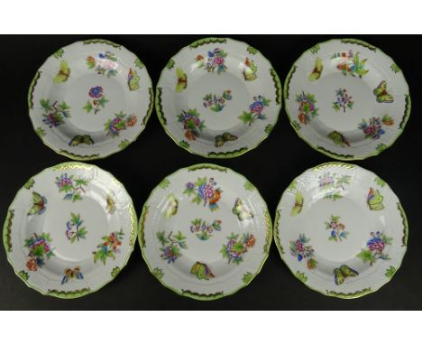 Six (6) Herend Hand Painted Queen Victoria Desert/Pie Plates. Signed With Blue Herend Backstamp, 1520/VBO. Good Condition. Me