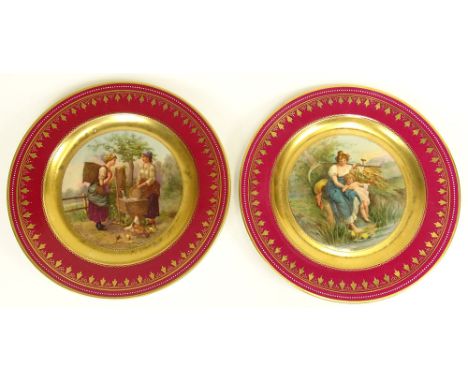 Pair of Royal Vienna Hand Painted Porcelain Plates "Summer" Artist Signed W. Psylander and "At The Well" Signed J.Ormuller. B