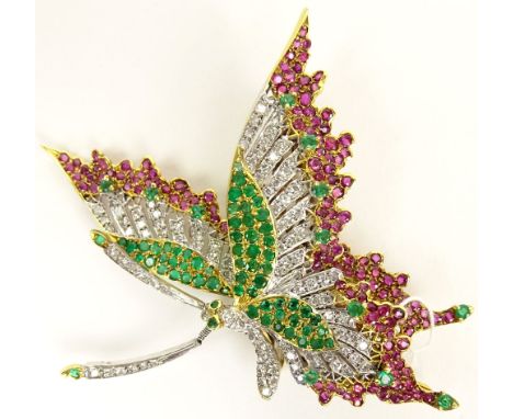 Lady's Vintage Diamond, Emerald, Ruby and 14 Karat Yellow and White Gold Trembling Butterfly Brooch. Unsigned. Good Condition