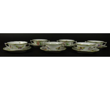 Six (6) Herend Hand Painted Queen Victoria Cream Soup Bowls With Saucers. Signed With Blue Herend Backstamp, 743/VBO. Good Co