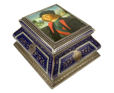 Very Fine Early 20th Century Austrian Renaissance style Enamel Decorated Sterling Silver Box, the top with a Well Executed Po