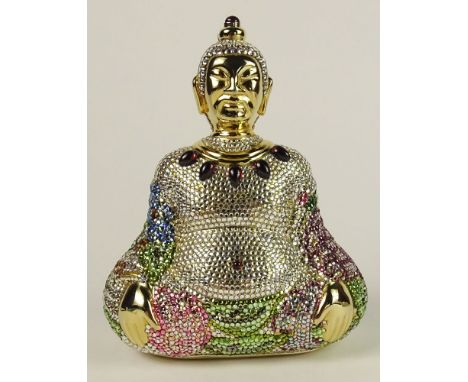 Judith Leiber Buddha Multi Color Crystal  Minaudière Clutch Evening Bag with Napa Leather Lined Interior and 20 Inch Removabl