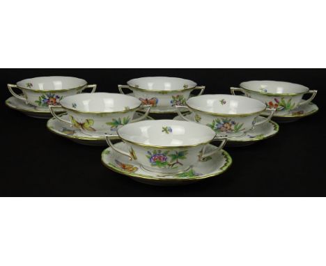 Six (6) Herend Hand Painted Queen Victoria Cream Soup Bowls With Saucers. Signed With Blue Herend Backstamp, 743/VBO. Good Co