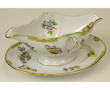 Herend Hand Painted Queen Victoria Sauce Boat with Attached Underplate. Signed With Blue Herend Backstamp, 254/VBO. Good Cond