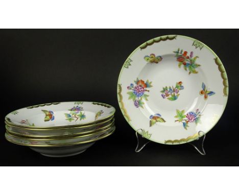 Six (6) Herend Hand Painted Queen Victoria Rimmed Soup Bowls. Signed With Blue Herend Backstamp, 2504/VBO. One With Hairline 