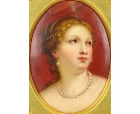 19th Century KPM Hand Painted Porcelain Plaque "Young Beauty With Pearl Necklace" Impressed KPM Mark on Back. Tiny Scratch on