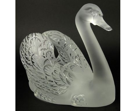 Vintage Lalique France Frosted and Clear Crystal Head Up Swan. Etched Signature to Base. Damage to Beak, Chip to Side at Base