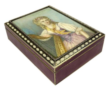 19/20th Century Continental Guilloche Enamel Decorated Sterling Silver Box, the Top with a Painted Portrait on Ivory "Lady wi