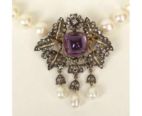 Lady's Victorian Double Cabochon Amethyst, Rose Cut Diamond, Pearl, Silver and Gold Pendant/Brooch with 8mm White Pearl Neckl