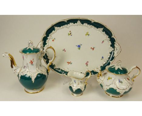 Five (5) Piece Meissen Hand Painted Porcelain Court Flower/014098 Partial Coffee/Tea Service. This Set Includes Coffee Pot 10