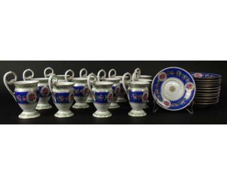 Set of Twenty Four (24) Hand Painted KPM Porcelain Footed Coffee Cups and Saucers. Pretty Floral Motif. Set Includes 12 Cups 