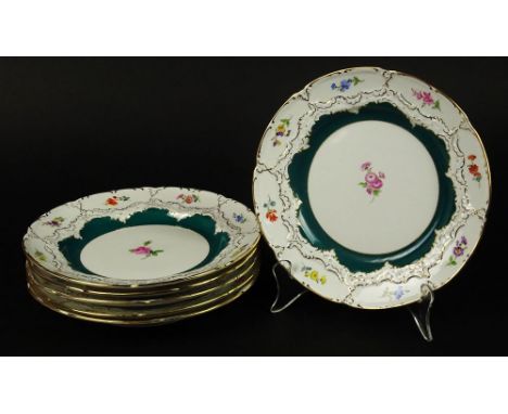 Six (6) Meissen Hand Painted Porcelain Dessert Plates in The Court Flower/014098 Pattern. Each Marked with Blue Crossed Sword