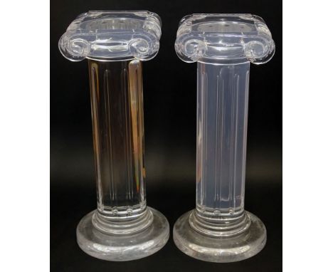 Pair of Lucite Ionic Column Pedestals. Unsigned. Scratches on Bottom or in Good Condition. Measures 36 Inches Tall, 13-3/8 In