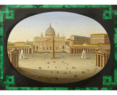 Large 19th Century  Micro Mosaic Panel Depicting St. Peter's Basilica and Square in Colored Stones set in Black Onyx with Mal