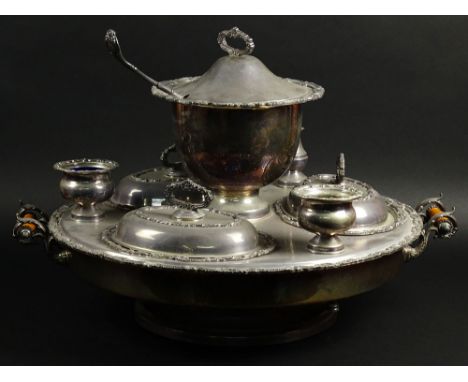 Large Antique Silver Plated Lazy Susan. Circular with three lidded vegetable bowls, lidded center tureen, Ladle, caster, and 