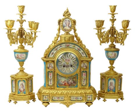 19th Century French Ormolu and Sevres Porcelain Three Piece Garniture Clock Set. All Pieces Inset with Hand Painted Sevres Po
