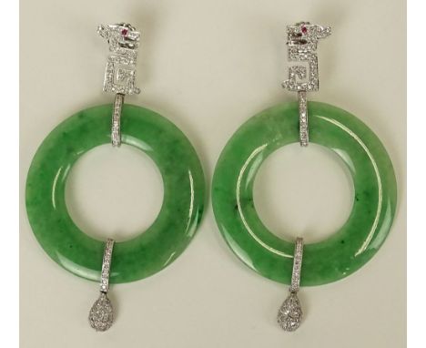 Pair of Art Deco Design Diamond, Ruby, Jade Bi Disc and 18 Karat White Gold Pendant Earrings. Unsigned. Good Condition or Bet