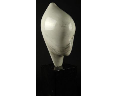 Modern Abstract Marble on Marble Base. Signed M. ??? On Brass Plaque Affixed to Base. Good Condition. Measures 24 Inches tall