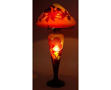 Émile Gallé, France Circa 1905 Cameo Glass Table Lamp. Signed. Good Condition or Better. Measures 26-1/2 Inches Tall and 13 I
