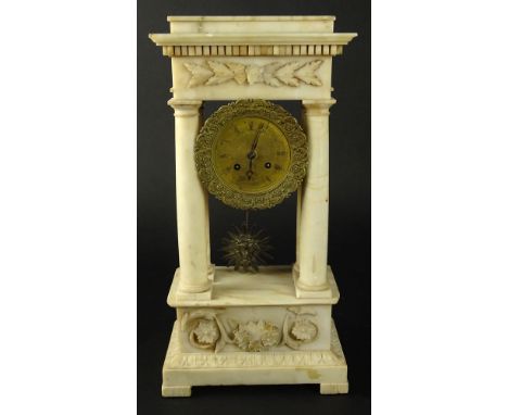 Antique French Carved Alabaster and Gilt Metal Portico Clock. Figural Pendulum. No Key. Appears to be in Working Order althou