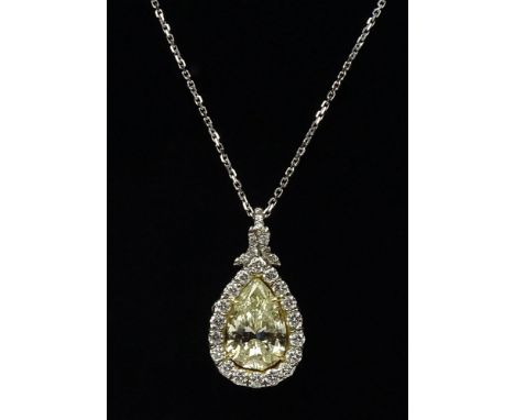 EGL Certified 2.48 Carat Pear Brilliant Cut Fancy Light Yellow Diamond and Platinum Pendant Necklace with 14 Karat White Gold