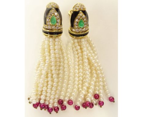 Pair of Diamond, Emerald, Ruby, Seed Pearl, Enamel and 18 Karat Yellow Tassel Earrings. Signed 18K. Very Good Condition. Meas