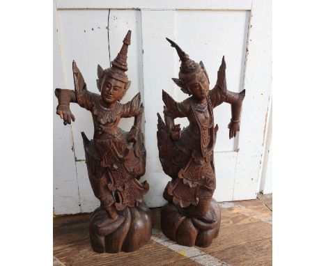 A pair of Siam carved hardwood figures. Vintage. 
