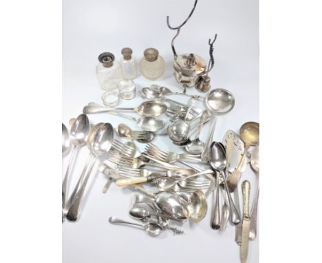 A large quantity of Vintage and antique Flatware. Some 19th century. Including steel bladed knives with bone handles. (a lot)