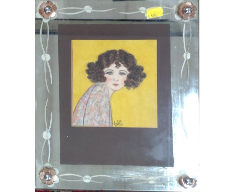 An Art deco Mirror. Inset with with a signed portrait of a girl. dated 1924. Some damage. 30cm x 25cm.