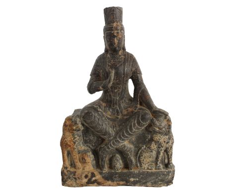 Fine Chinese Carved Sandstone Bodhisattva. Possibly, Northern Wei Dynasty, or a later Ming/Qing copy. Seated atop a platform 