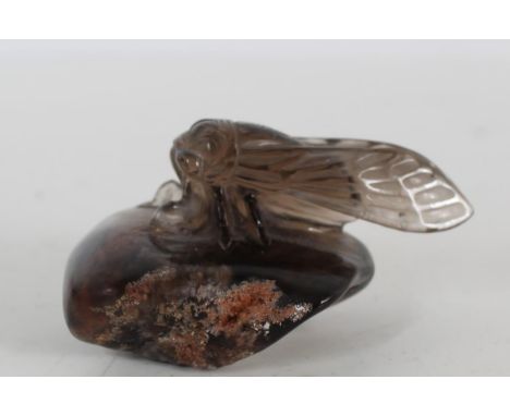 Unusual Chinese Carved Quartz Cicada. The colorless to black quartz cicada with internal hints of lavender, well-carved facia