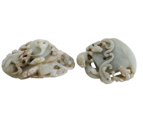 Two Chinese Pale Gray Chilong Plaques Qing dynasty.18 th /19 th Century. Each pierced gray jade with hints of green, and area