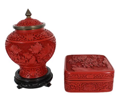 Chinese Cinnabar Lidded Box and Covered Jar.Size: 5 x 8 in.