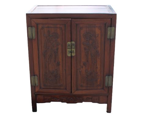 Chinese Hong-Mu Cabinet Rectangular, fitted with a pair of carved panel-inset doors, opening to a shelf, on straight short le