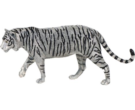 Italian Buc?ati Enamel Sterling Tiger Figure. 15.005 OZT. Marked on paw. Size: 8 1/2 x 1 3/4 x 3 1/2 in