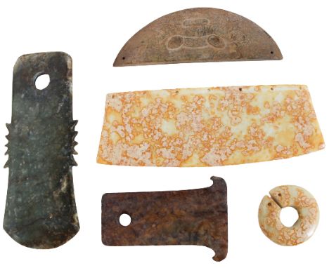 All in an Archaic style, in various colors and shapes. Bottom right (circular item) has been repaired. Size: 7 3/8 x 2 5/8 in