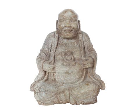 Chinese Carved Stone Figure of Hotei The light brown polished stone carved to depict the portly Hotei seated cross-legged and