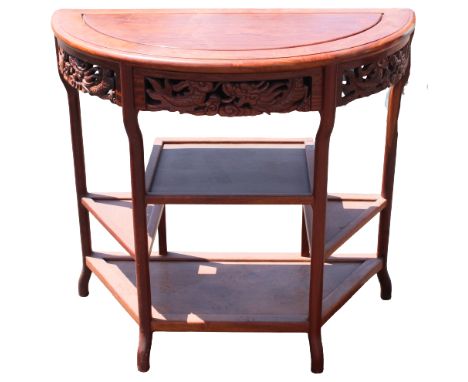 Chinese Hong-Mu Demilune Table The top with faux inset panel above a dragon carved frieze, on rounded legs continuing to feet