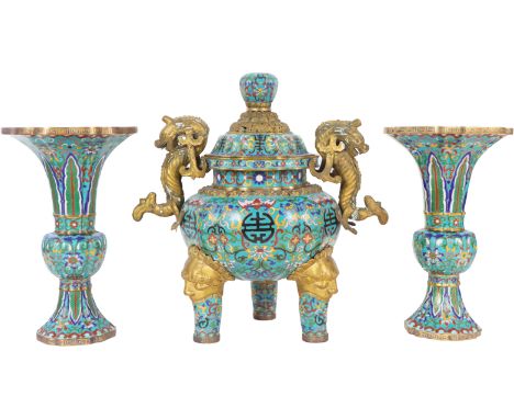 Chinese 3 Piece Gilt Cloisonné Garniture Set. Chinese Cloisonné enamel tripod incense burner with two vases. Size of Largest: