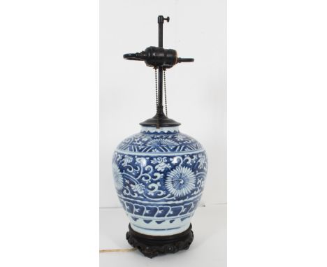 19th C. Chinese Blue &amp; White Porcelain Lamp. Missing finial. Size: 20 1/2 x 8 1/2 in.