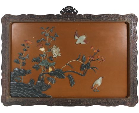 Chinese Mineral Mounted Lacquer Panel Late 19th /early 20th Century. The rectangular mocha colored lacquer panel, applied wit