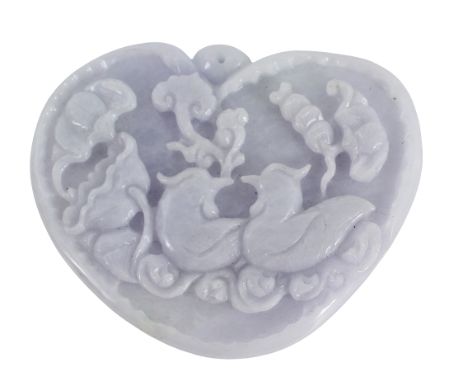 Chinese White Jade Heart-Shaped Pendant. Modern. One side with a dragon and a bird, the reverse with two birds and two bats, 