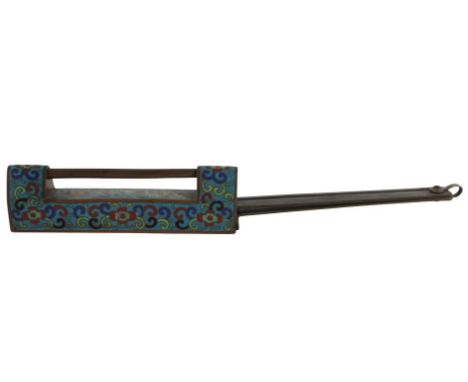 Late 19th / early 20th Century. Decorated with colorful scrolls on a light blue ground, with two brass keys. Size: 17 1/2 x 1